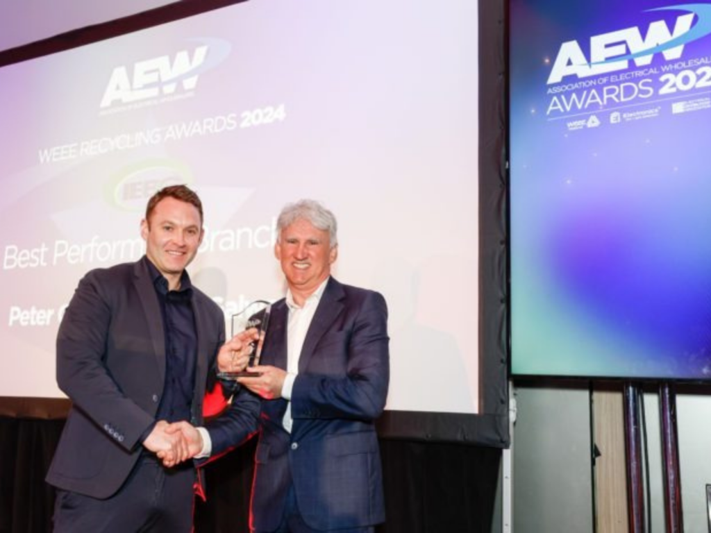 Tommy Curran of Peter Curran Electric Ltd Galway receiving an award for “Best Performing Branch” for lighting recycling at Ireland’s second Association of Electrical Wholesalers (AEW) awards in Dublin